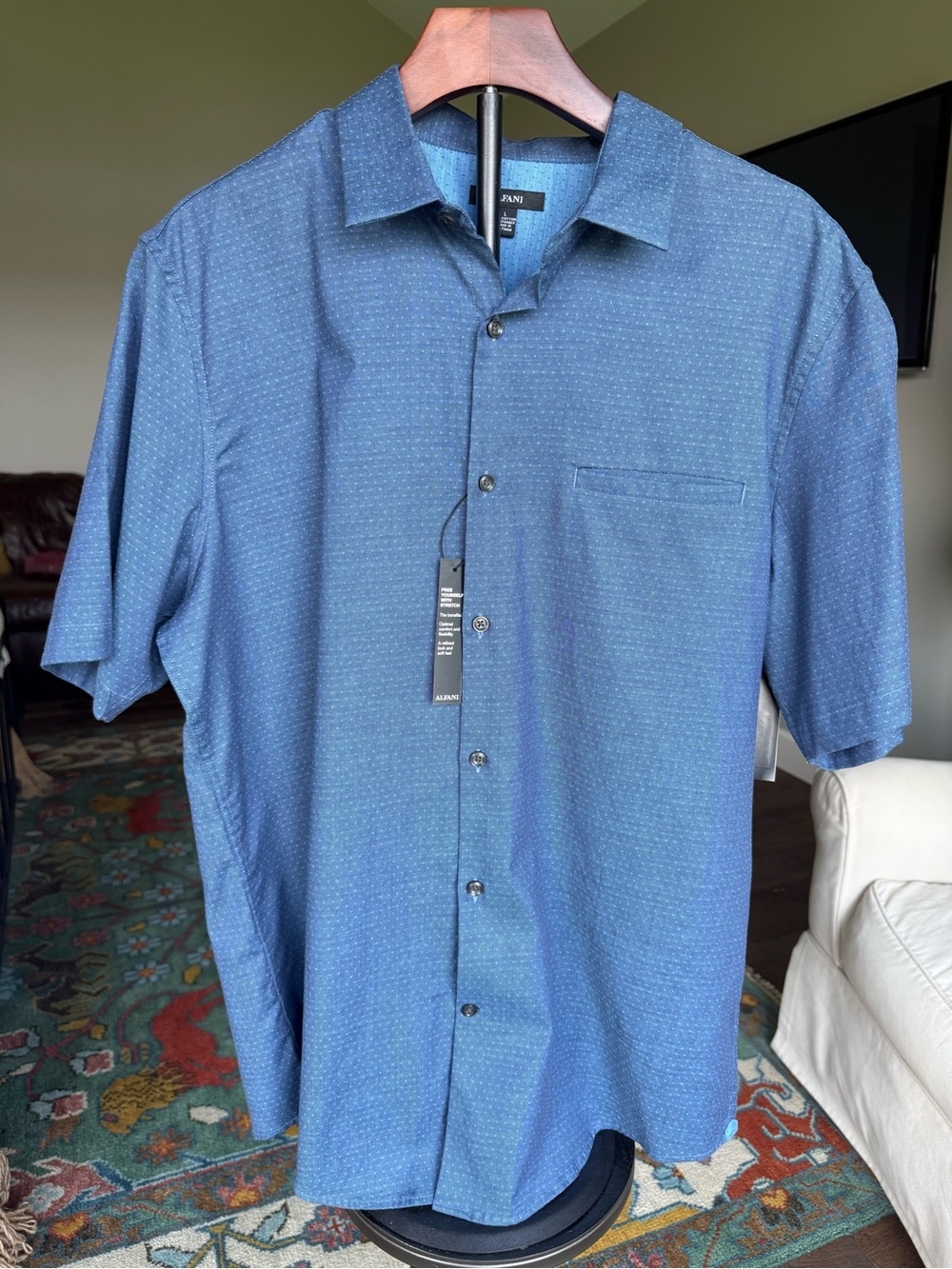 Alfani Men's Dark Blue Button Down Short Sleeve Shirt With Subtle Pattern, Large